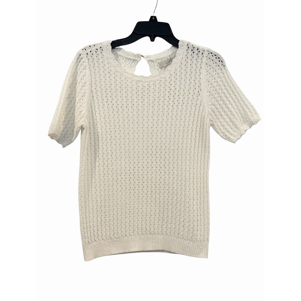 Ann Taylor Loft Open Knit White Short Sleeve Sweater Top: SZ Small Modest - Picture 7 of 9